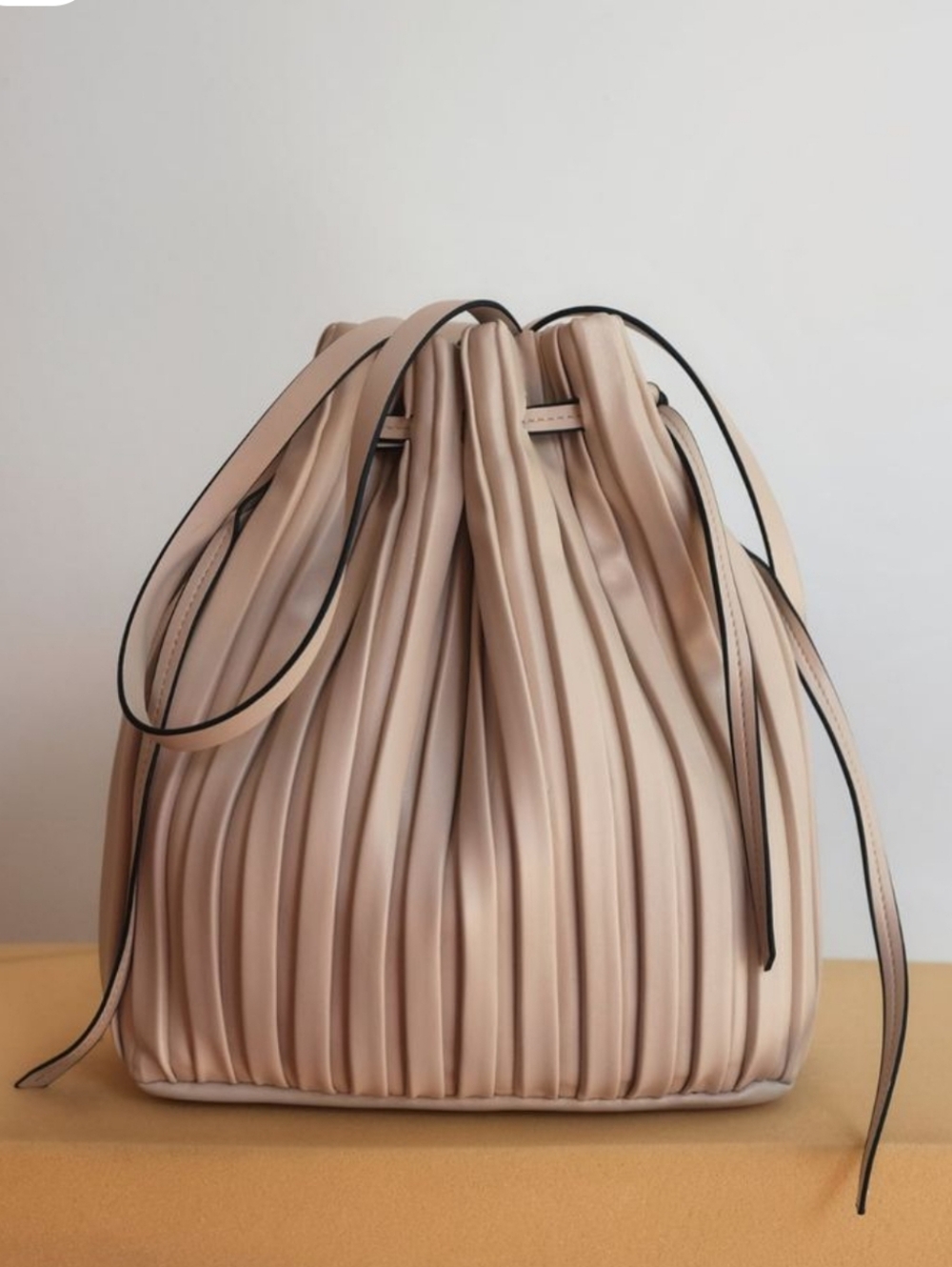 Zara Pleated Bucket Purse In Beige